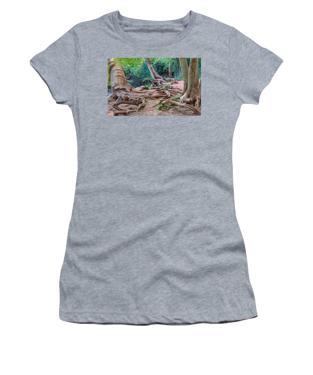 Roots Trees Tangle Twisted Landscape Fstop101 Sedona Oak Creek Canyon Women's T-Shirt featuring the photograph Tangled Roots by Geno