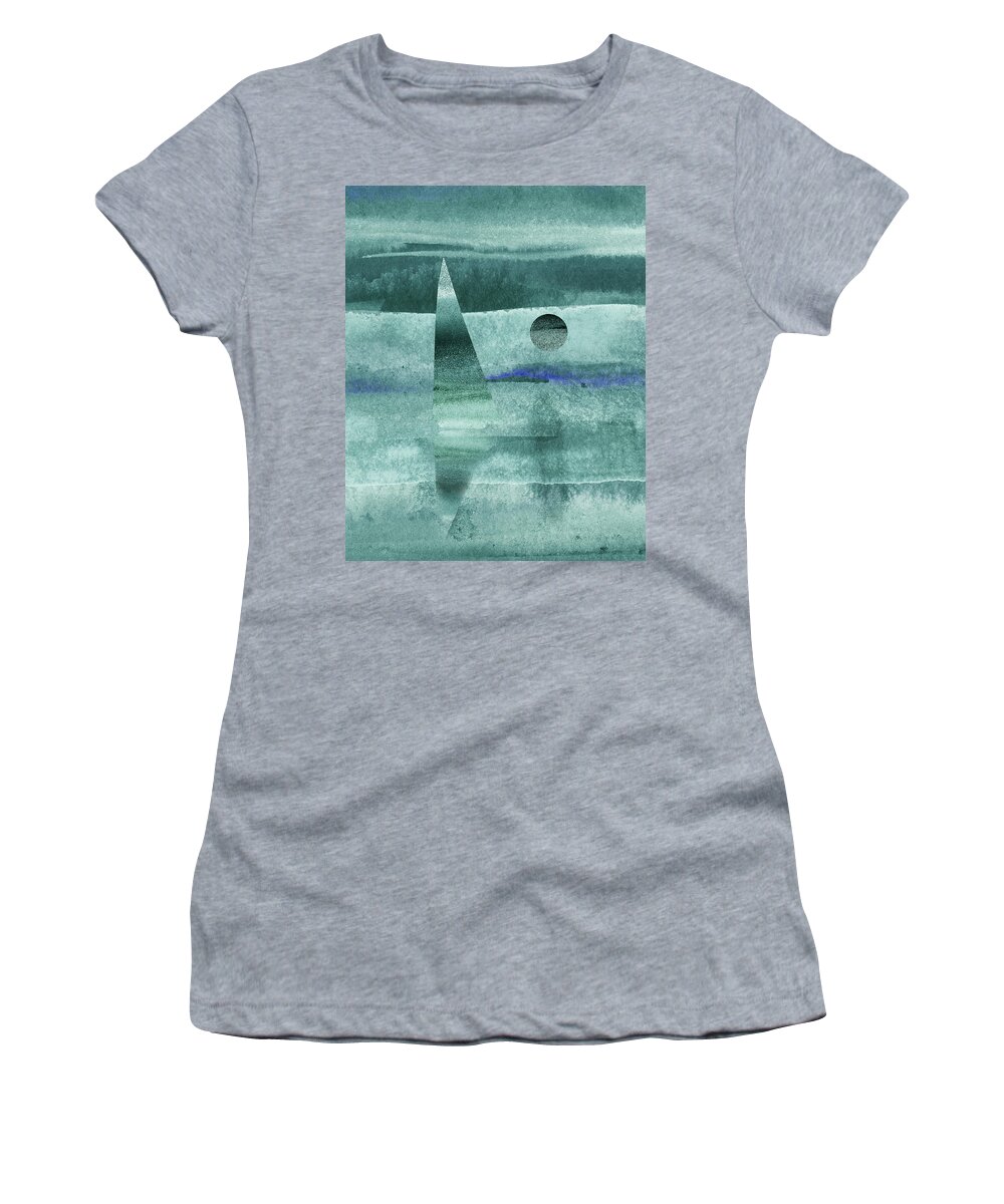 Sailboat Sea Women's T-Shirt featuring the painting Teal Blue Gray Sailboat At The Ocean Shore Seascape Painting Beach House Art I by Irina Sztukowski