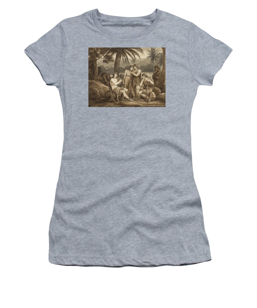 19th Century Artists Women's T-Shirt featuring the drawing Telemachus Plays and Sings to the Shepherds in Egypt by Bartolomeo Pinelli