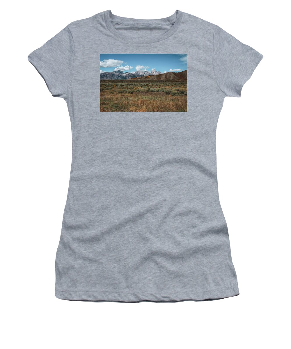 Beautiful Autumn Landscape In Grand Teton National Park Women's T-Shirt featuring the photograph Tetons Landscape Wide Angle by Dan Sproul