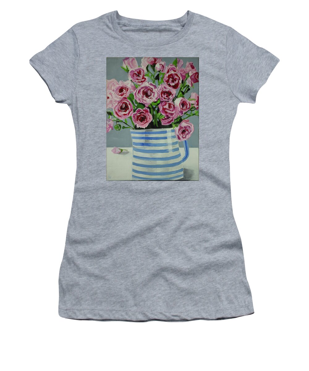 Roses Women's T-Shirt featuring the painting The blue striped vase by Debbie Brown
