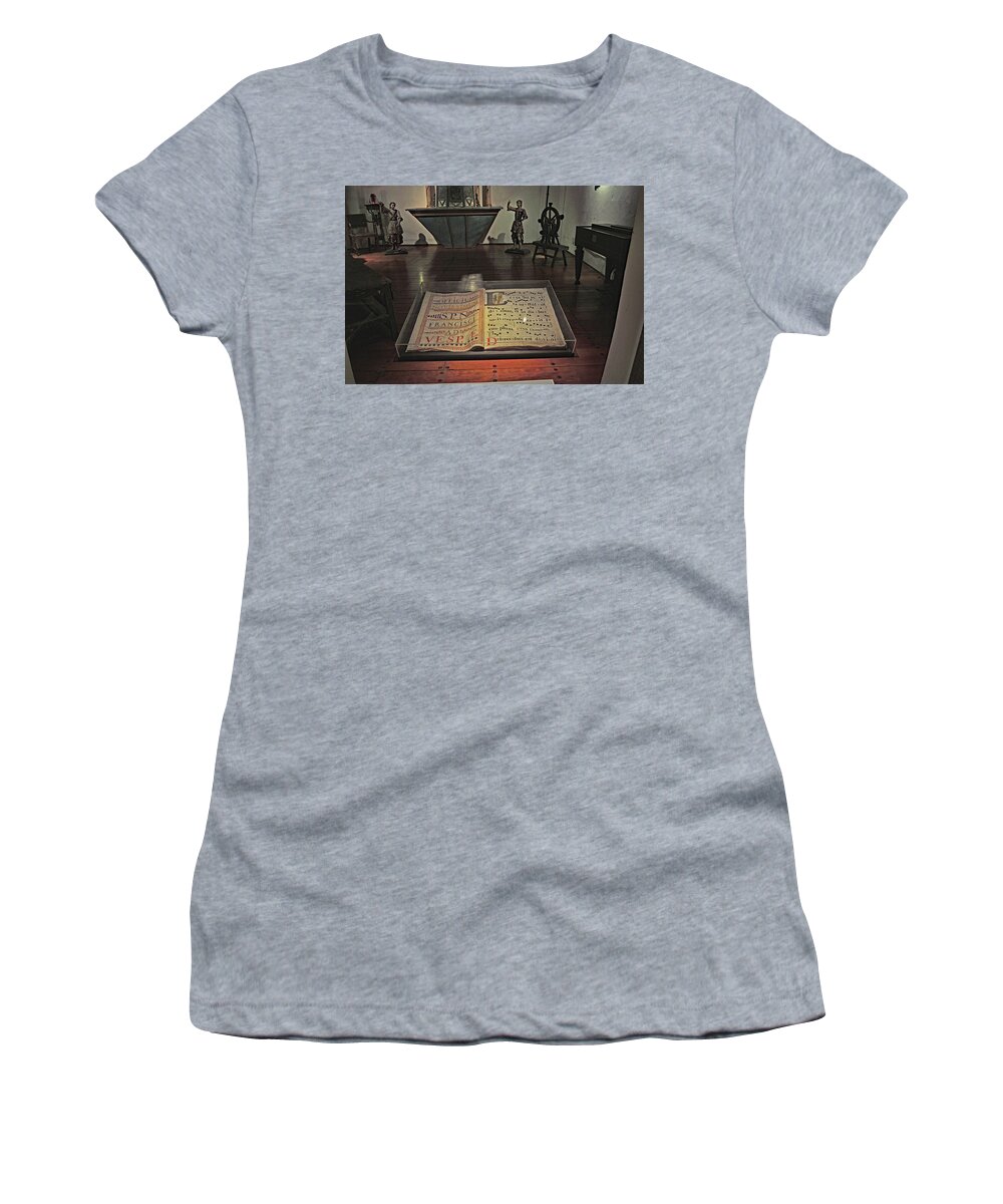 Book Women's T-Shirt featuring the photograph The Book in the Glass Case - Mission Santa Barbara by Amazing Action Photo Video