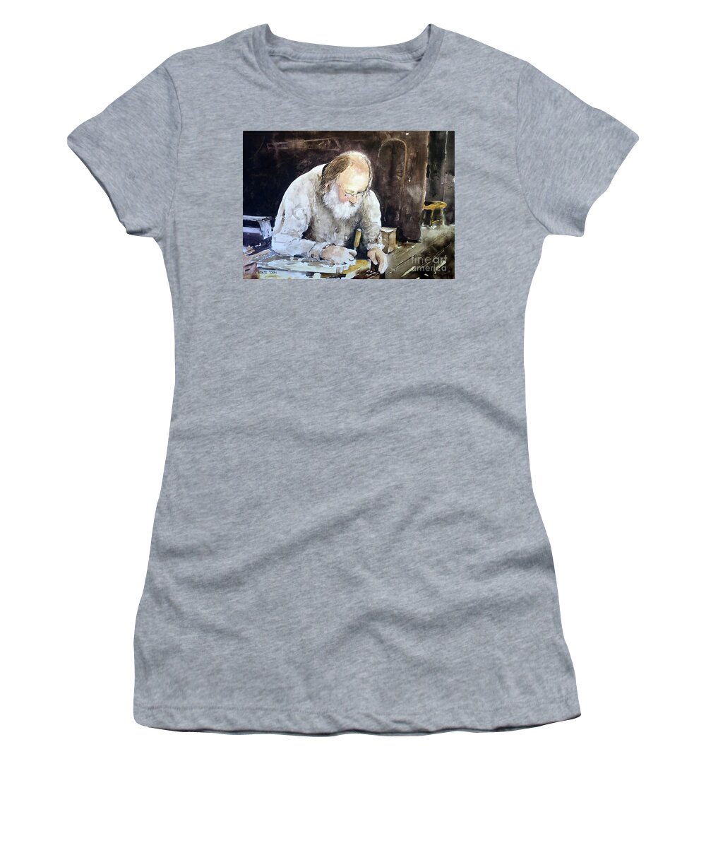 A Bearded Woodcarver Works At Mystic Seaport Women's T-Shirt featuring the painting The Carver by Monte Toon