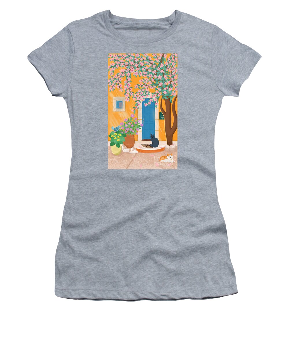 European-style Buildings Women's T-Shirt featuring the drawing The door of an orange house in the sun by Min Fen Zhu