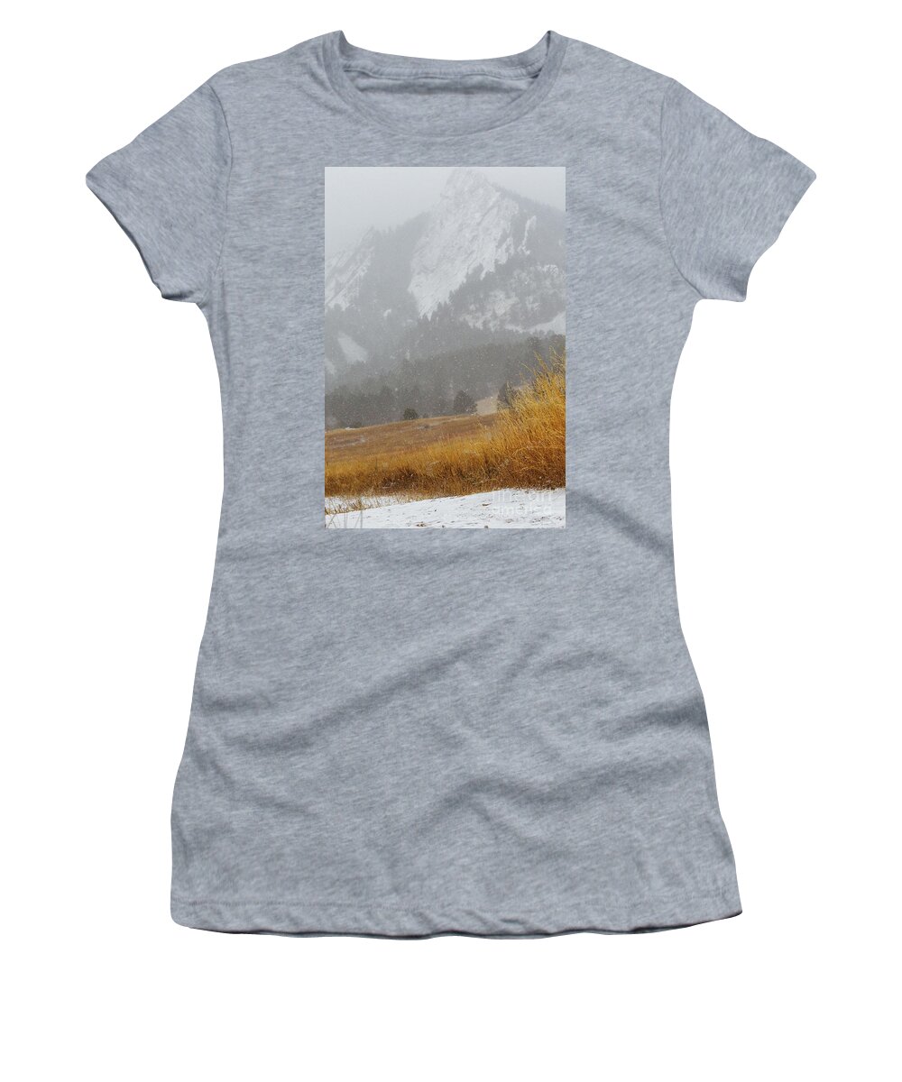 Flatirons Women's T-Shirt featuring the photograph The Dusted Snow Flatirons Boulder Colorado by Abigail Diane Photography
