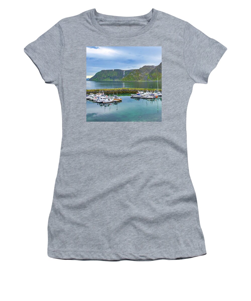Boat Women's T-Shirt featuring the photograph The Harbor in Honningsvag, Norway by Matthew DeGrushe