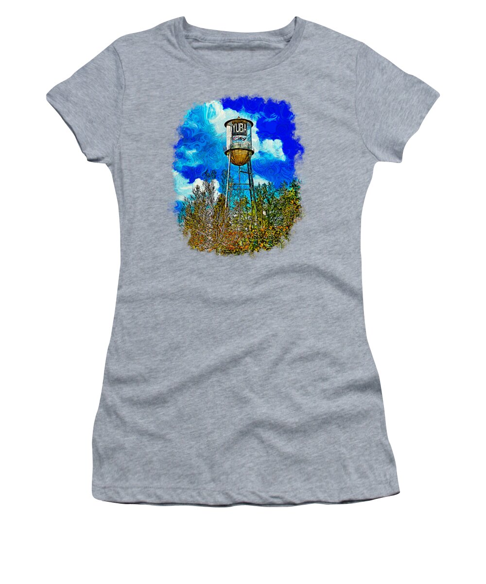 Water Tower Women's T-Shirt featuring the digital art The iconic water tower in Yuba City, California - impressionist painting by Nicko Prints