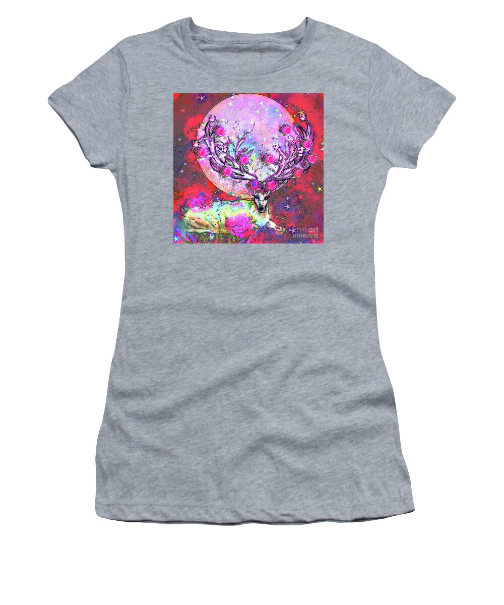 Stag Women's T-Shirt featuring the digital art The Magical Stag In The Rosy TwilIght by BelleAme Sommers