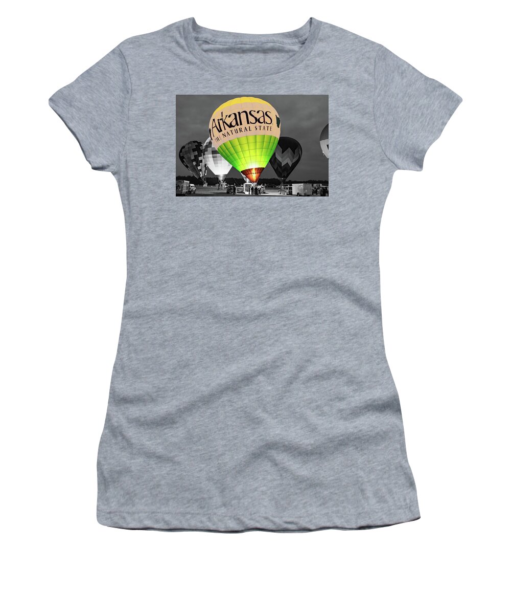 Hot Air Balloons Women's T-Shirt featuring the photograph The Natural State Arkansas Hot Air Balloon In Selective Color by Gregory Ballos