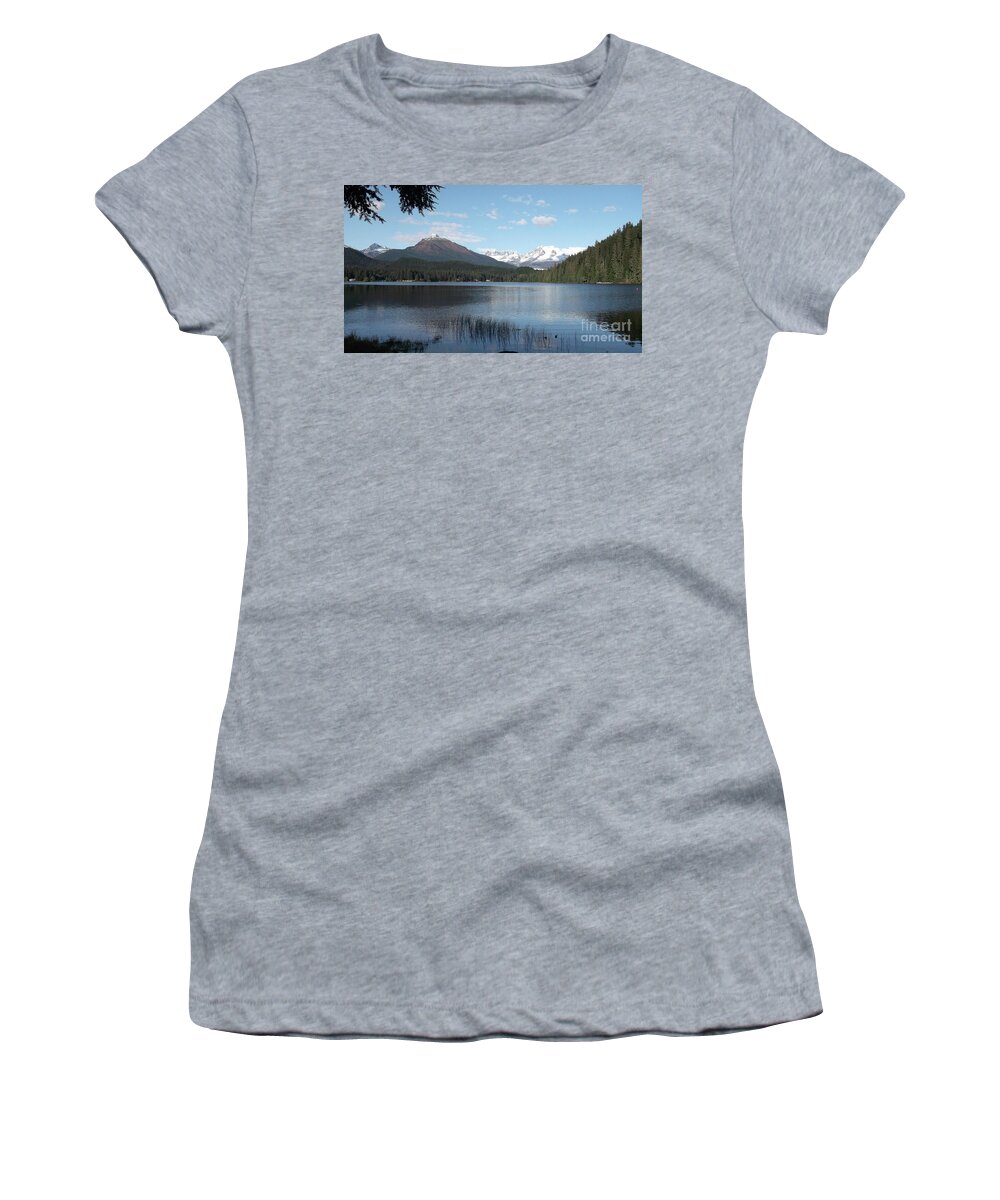  #alaska #ak #juneau #cruise #tours #vacation #peaceful #sealaska #southeastalaska #calm #aukelake #reflection #peaceful #cruise #tours #mendenhaltowers #mtmcginnis #clouds #blueskies Women's T-Shirt featuring the photograph The Peaks at Auke Lake by Charles Vice