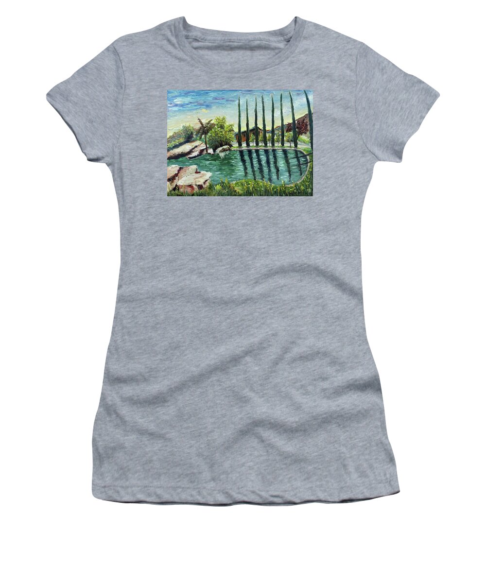 Gershon Bachus Vintners Women's T-Shirt featuring the painting The Pond at Gershon Bachus Vintners Temecula by Roxy Rich