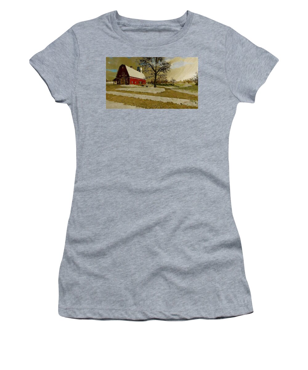 Winter Women's T-Shirt featuring the painting The Red Barn by Charlie Roman