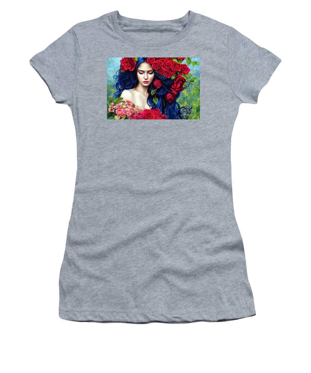 Red Roses Women's T-Shirt featuring the painting The Red Rose Goddess by Tina LeCour
