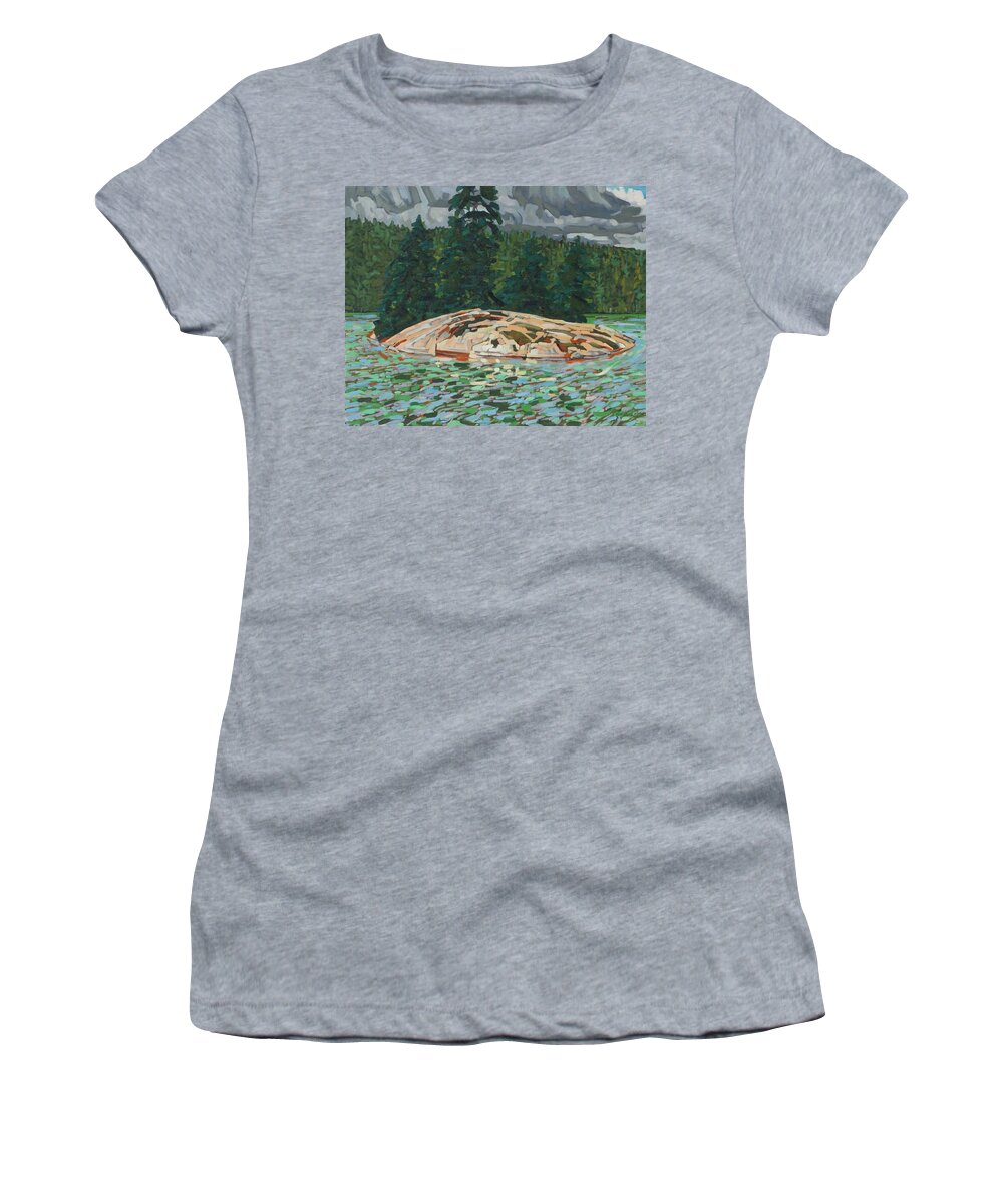 702 Women's T-Shirt featuring the painting The Rock in the Bay by Phil Chadwick