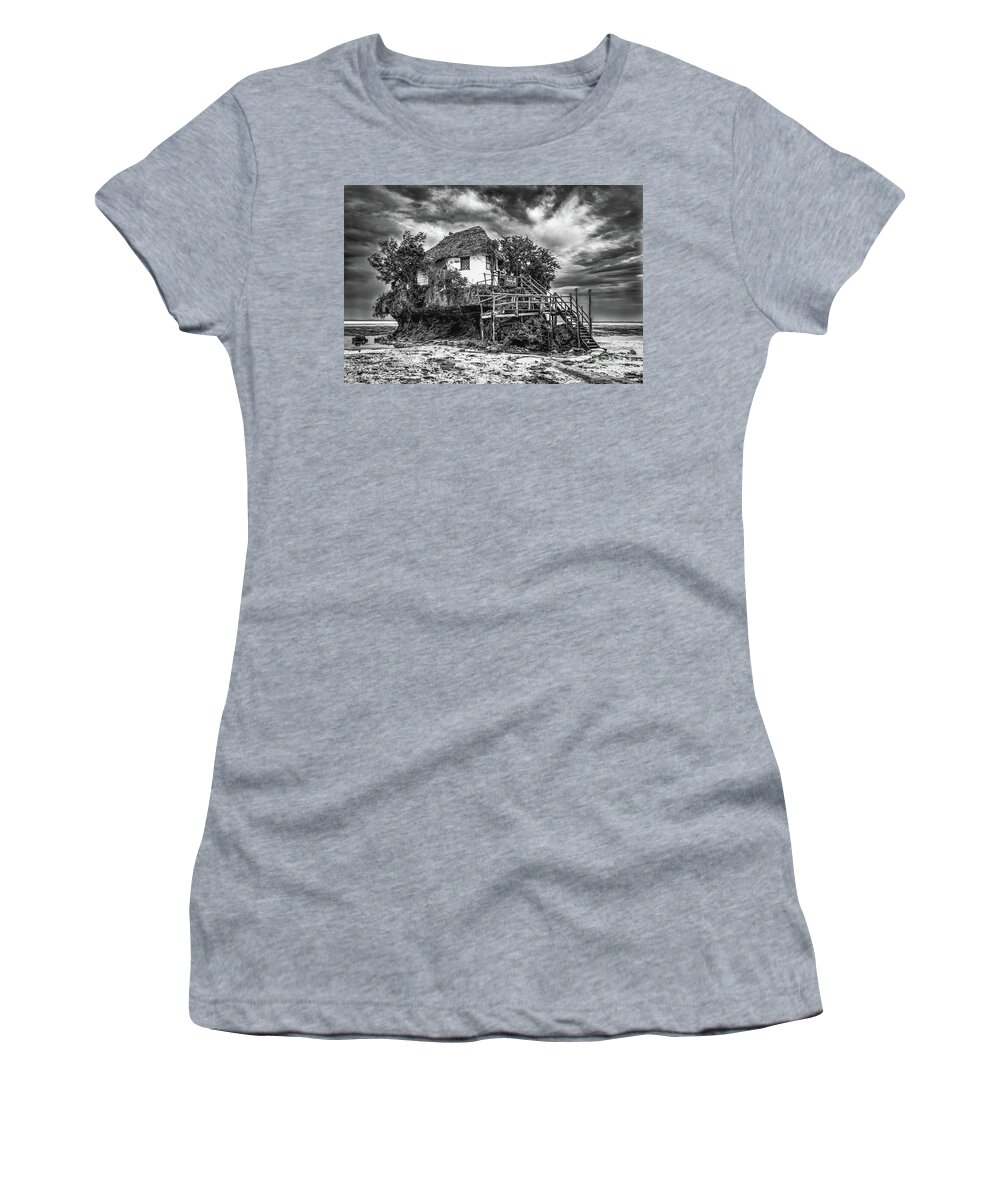 Bungalow Women's T-Shirt featuring the photograph The Rock, Zanzibar black and white by Lyl Dil Creations