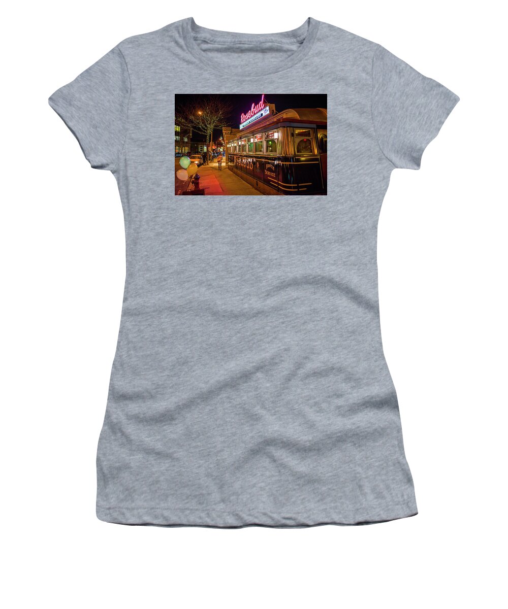 Rosebud Women's T-Shirt featuring the photograph The Rosebud Diner Davis Square Somerville MA Balloons by Toby McGuire