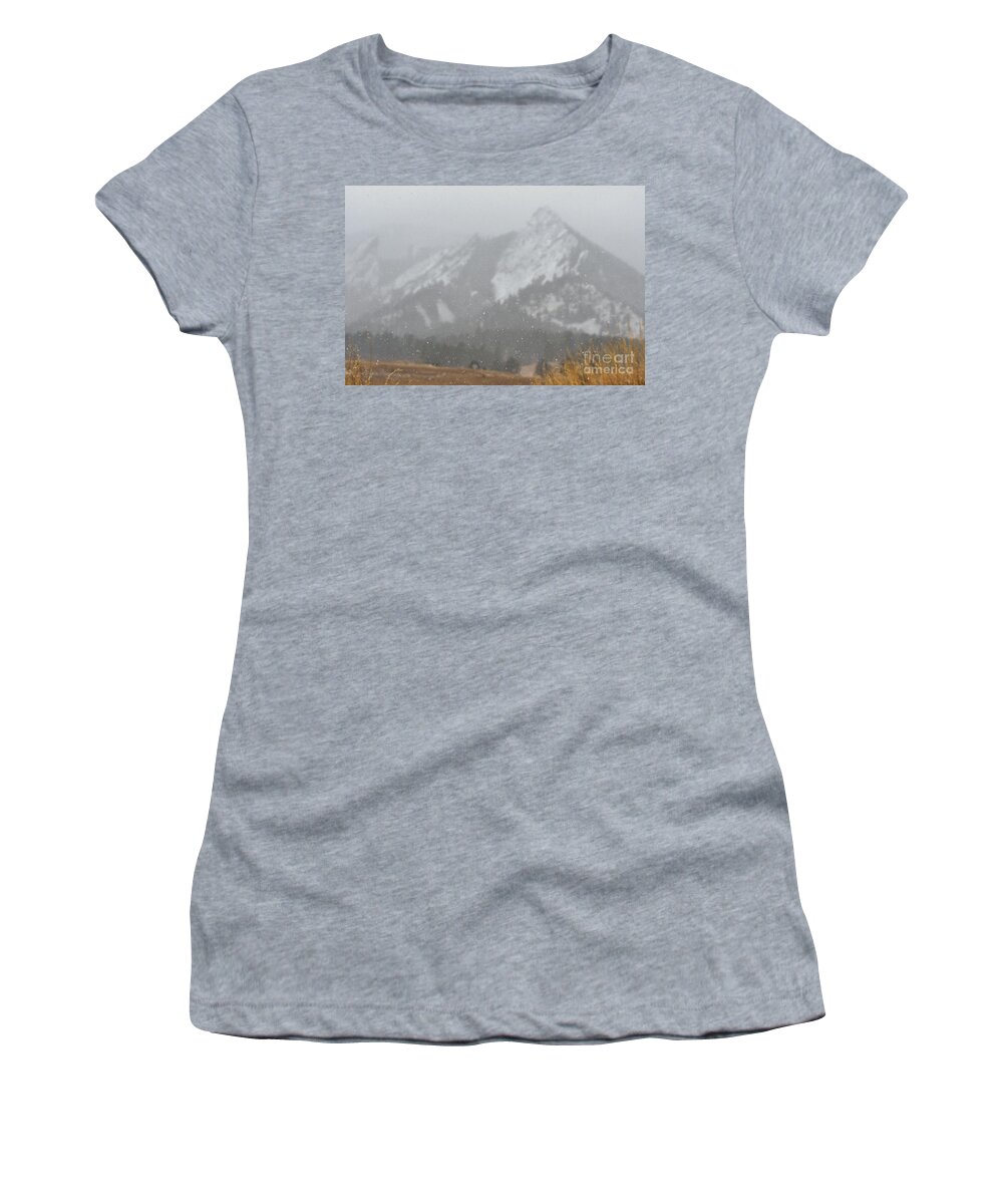 Flatirons Women's T-Shirt featuring the photograph The snow dusted Flatirons, Boulder Colorado by Abigail Diane Photography