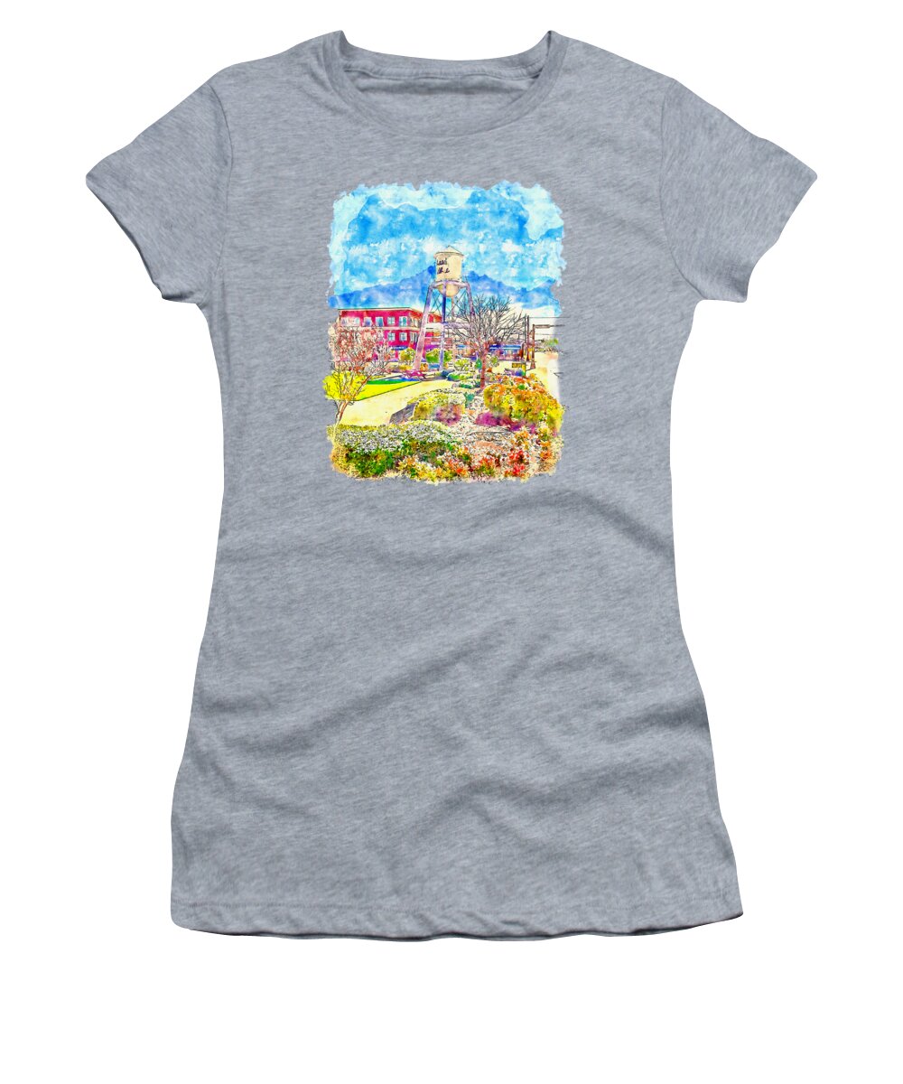 Water Tower Women's T-Shirt featuring the digital art The Water tower in Market Square, Grand Prairie, Texas - pen sketch and watercolor by Nicko Prints