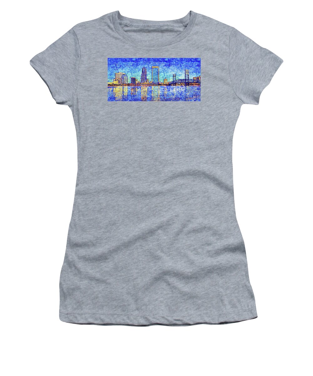 Downtown Jacksonville Women's T-Shirt featuring the digital art The waterfront of downtown Jacksonville, Florida - digital painting by Nicko Prints