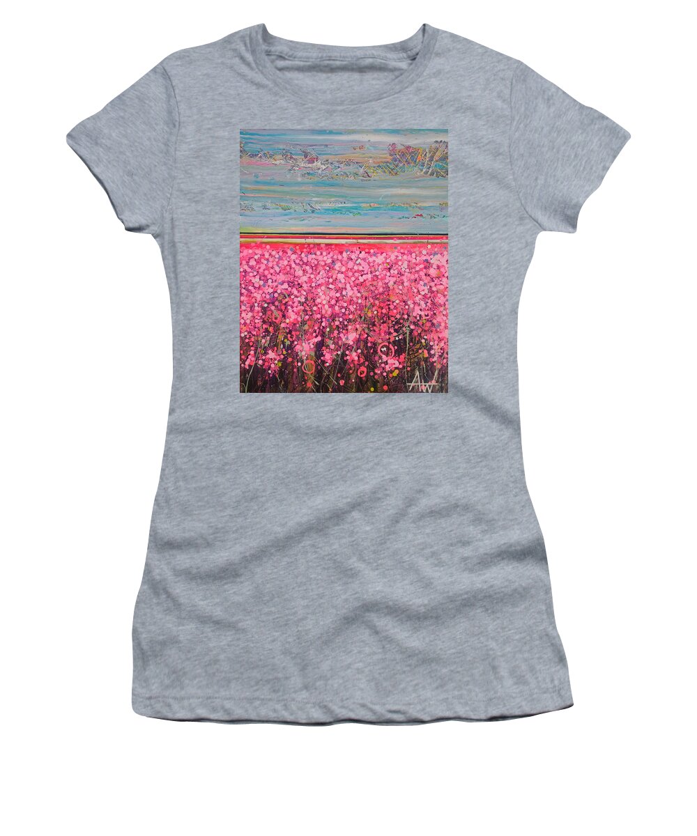 Flowers Women's T-Shirt featuring the painting The Wildflower Fields Panel 2 by Angie Wright