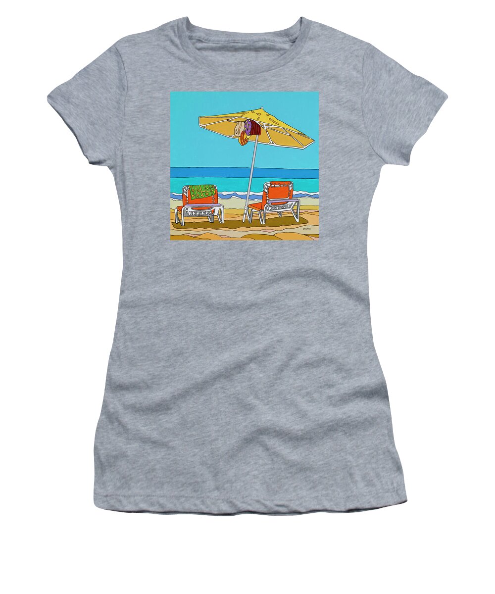 Beach Chairs Sand Ocean Water Summer Umbrella Women's T-Shirt featuring the painting The yellow umbrella by Mike Stanko