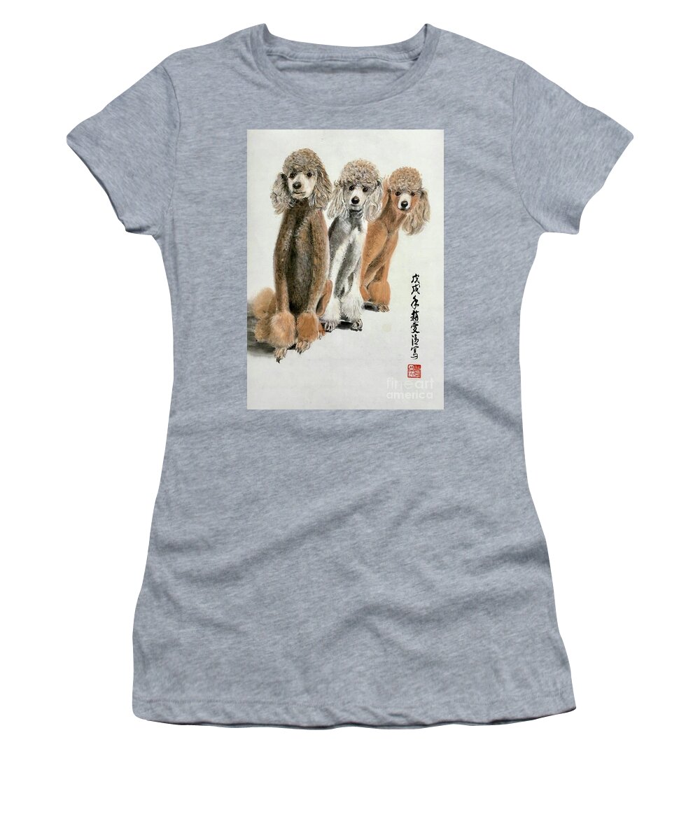 Puppy Poodle Portraits Women's T-Shirt featuring the painting Three Poodle Dog by Carmen Lam