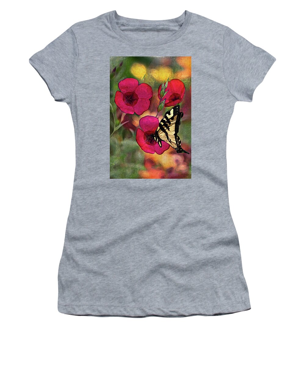 Flax Women's T-Shirt featuring the photograph Three Red Flax and Butterfly by Vanessa Thomas
