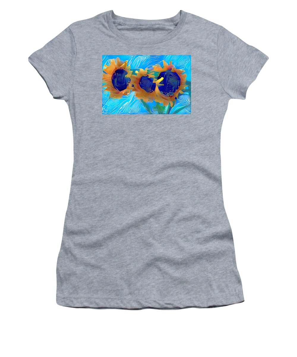 Sunflowers Women's T-Shirt featuring the mixed media Three Sunflowers by Debra Kewley