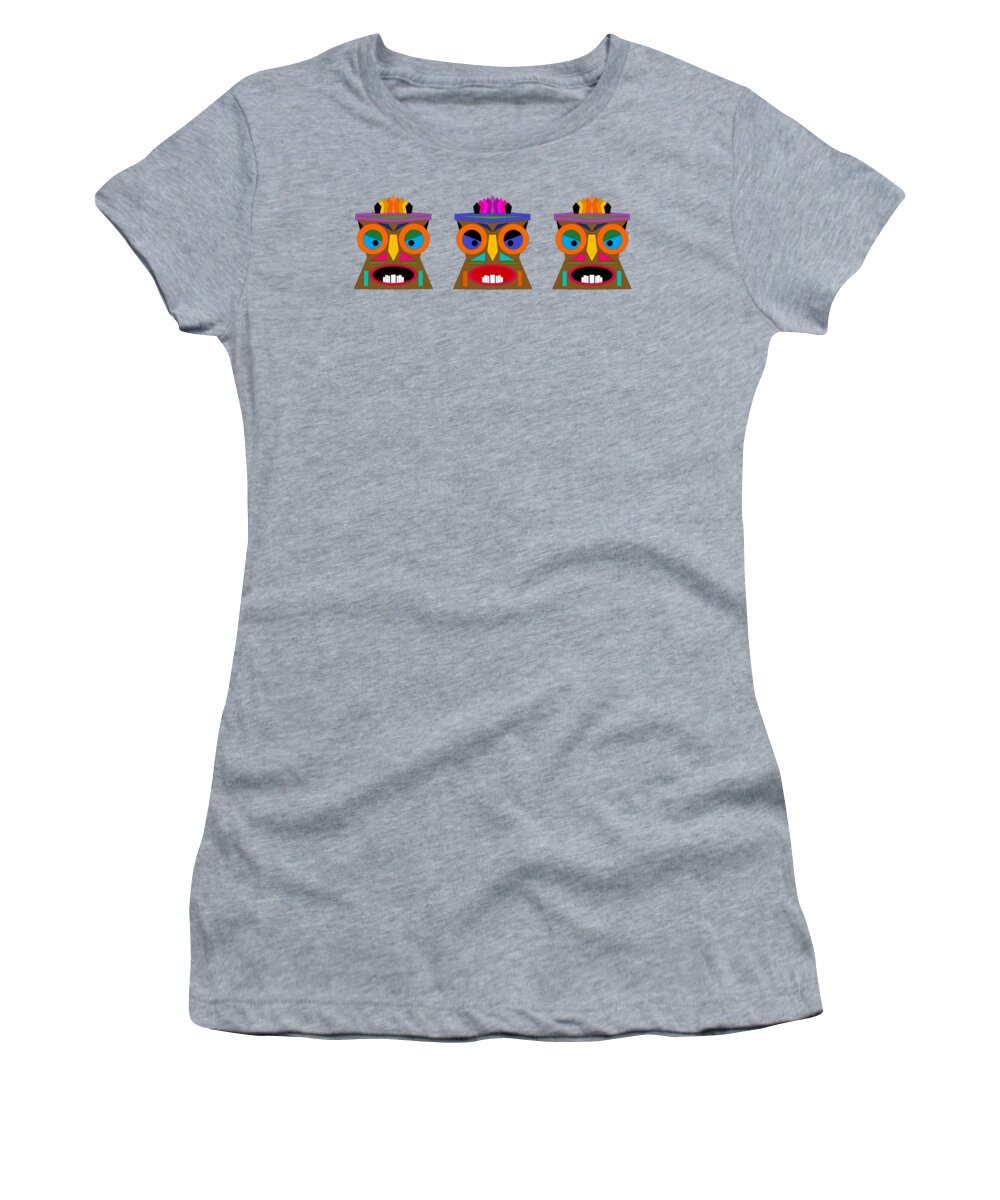 Three Tiki Faces On Red Women's T-Shirt featuring the digital art Three Tiki Faces on Red by Val Arie