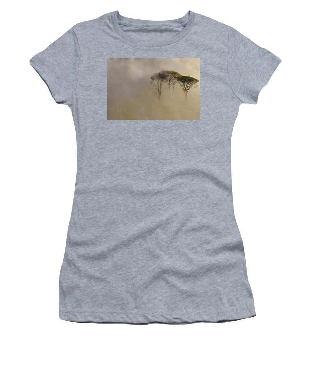 Three Tree Tops In Fog Women's T-Shirt featuring the digital art Three Tree Tops in Fog by Russ Harris