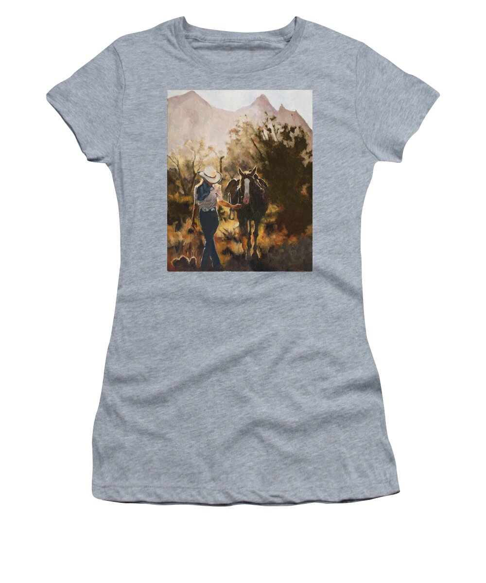Cowgirl Women's T-Shirt featuring the painting Through rays of light by Tate Hamilton