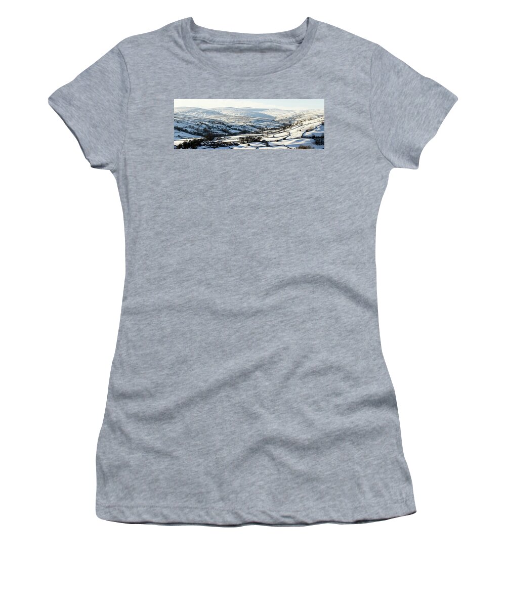 Panorama Women's T-Shirt featuring the photograph Thwaite in winter Swaledale Yorkshire Dales by Sonny Ryse