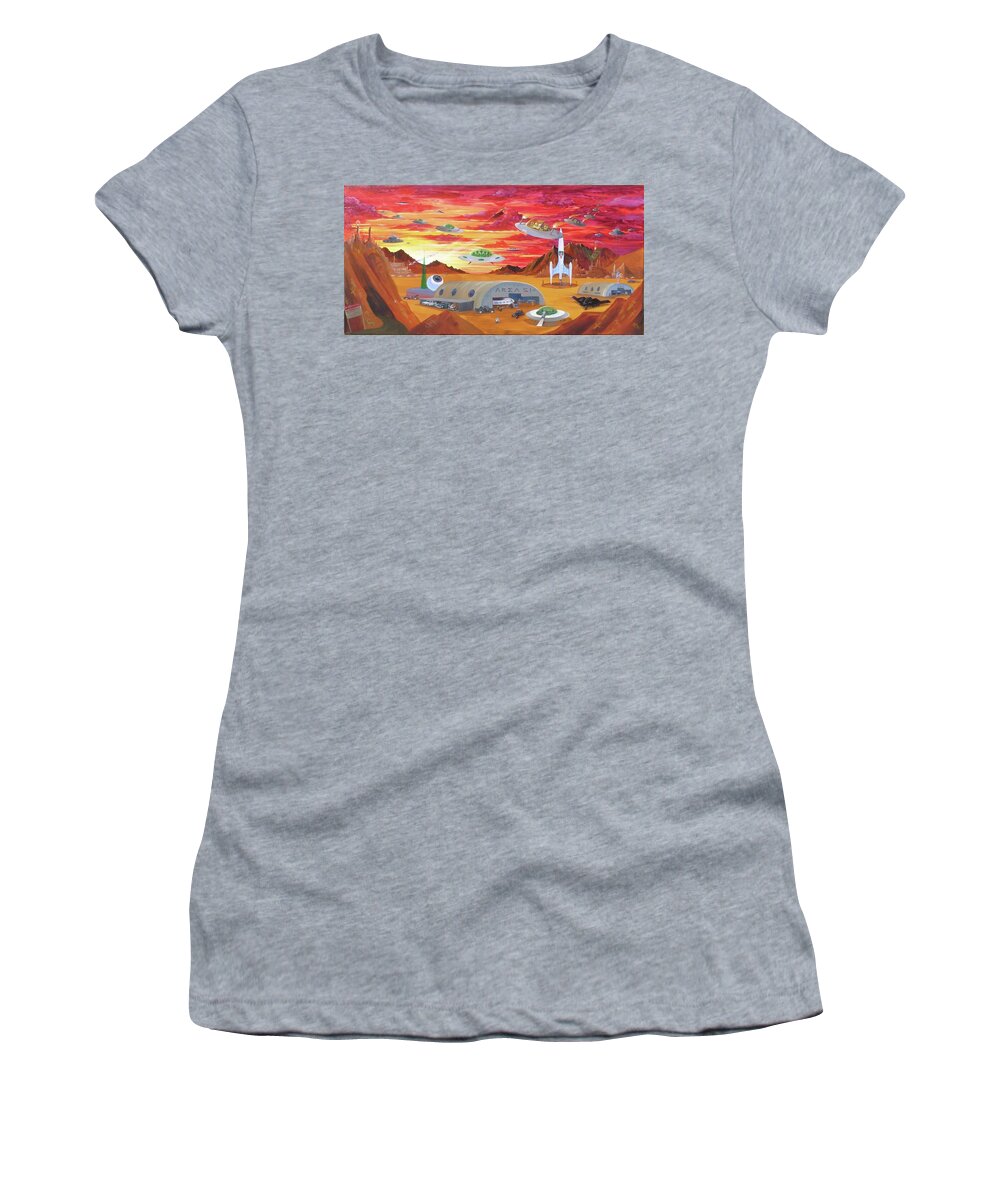 Rocket 88 Women's T-Shirt featuring the painting Tikis and Aliens by Alan Johnson
