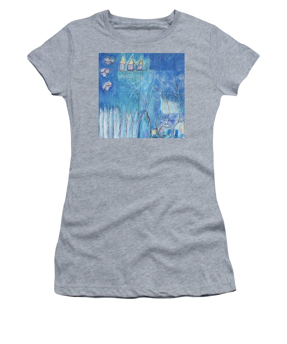 Mixed Media Women's T-Shirt featuring the mixed media Tiny House Blues 1 by Julia Malakoff