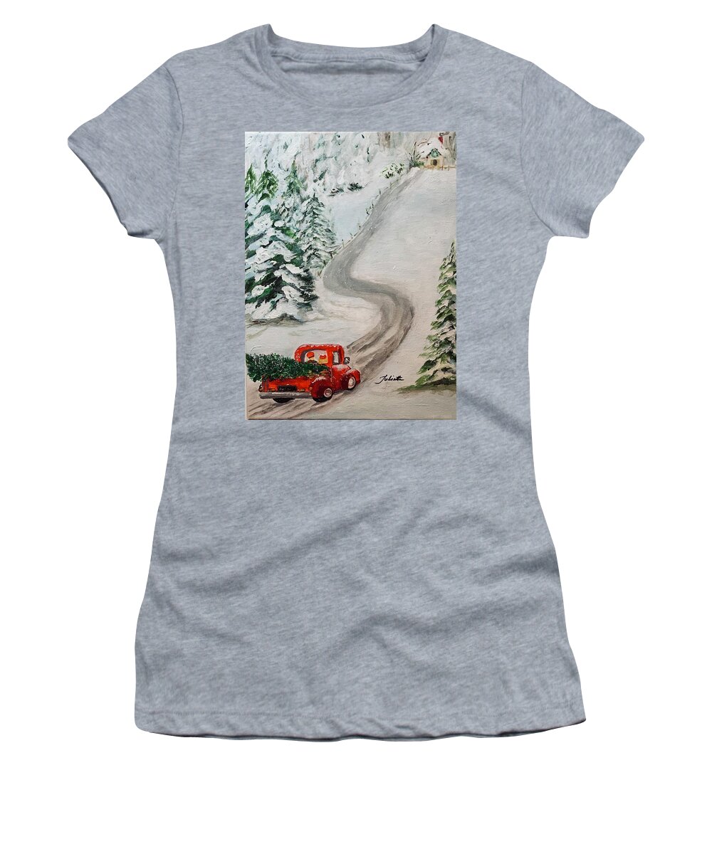 Red Truck Women's T-Shirt featuring the painting To Grandmothers House We Go by Juliette Becker