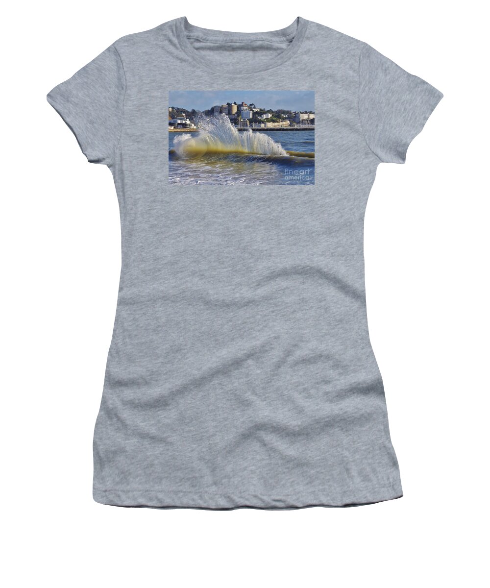 Torre Abbey Uk Women's T-Shirt featuring the photograph Torquay, Devon UK - A Wave On The Beach by Lesley Evered