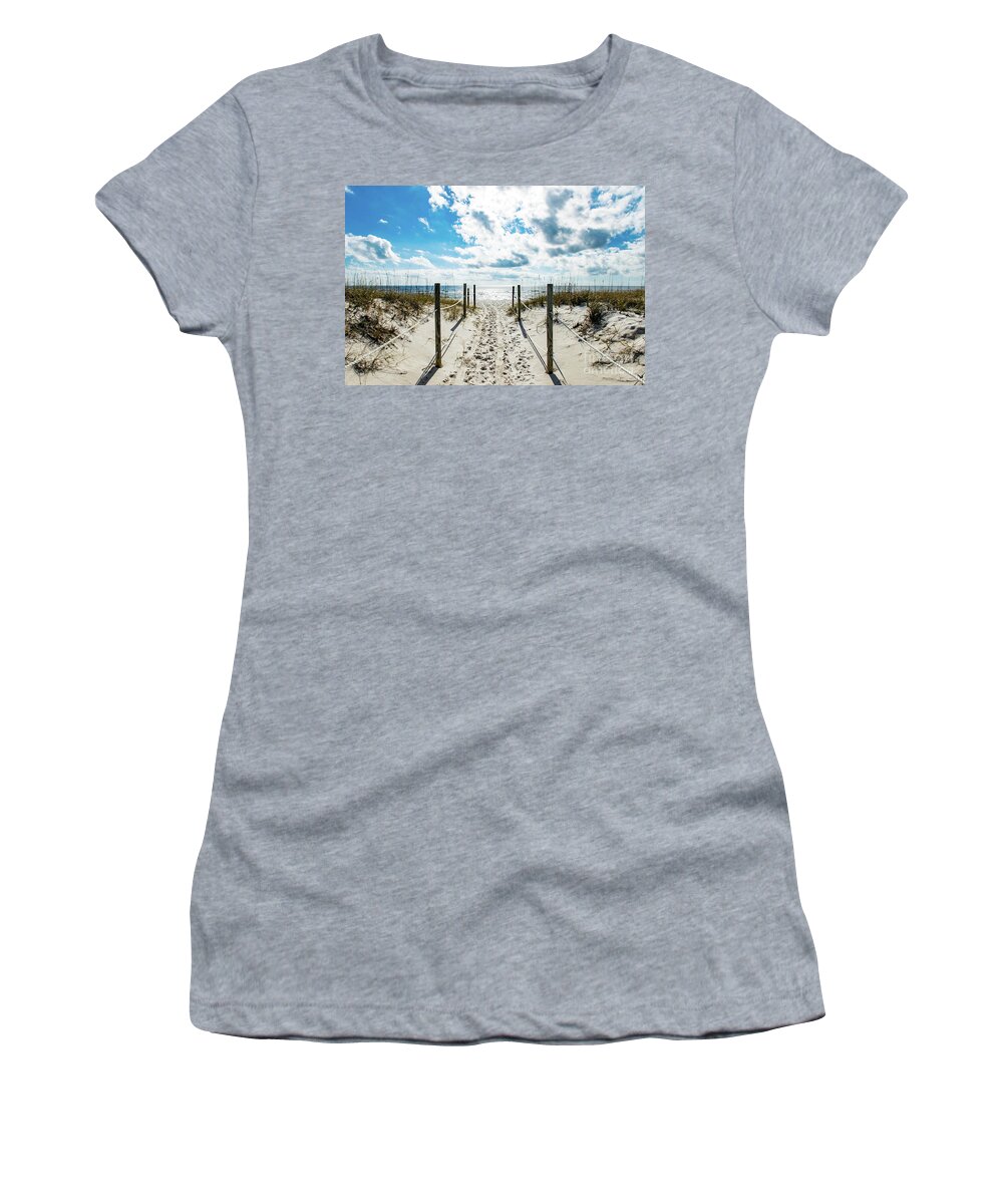Footprints Women's T-Shirt featuring the photograph Trail of Footprints to the Beach by Beachtown Views