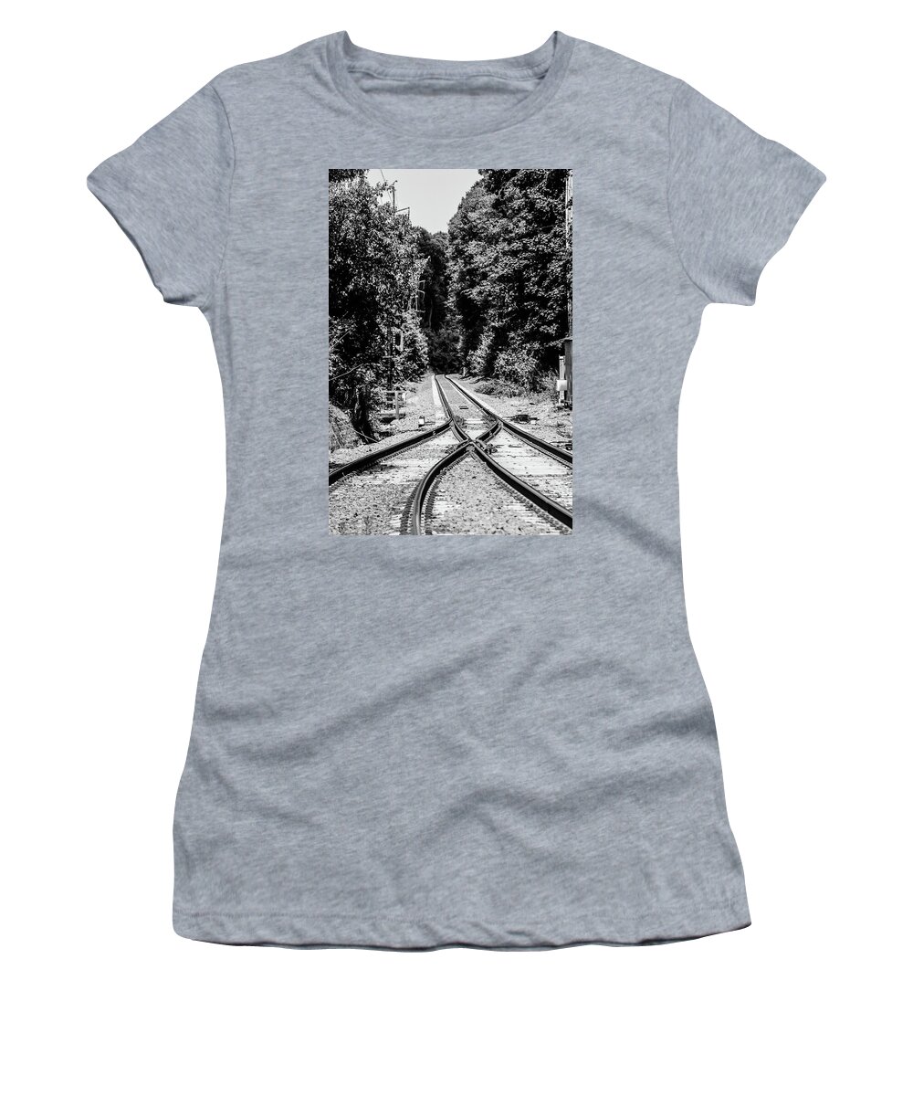 Train Tracks Rr Rail Road B&w Trees Women's T-Shirt featuring the photograph Train Tracks1 by John Linnemeyer