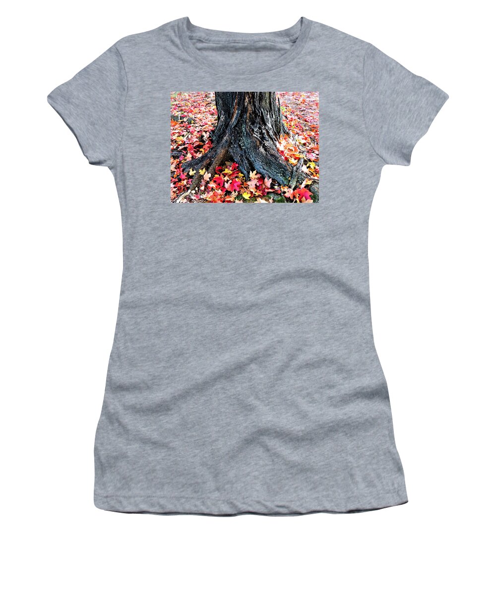 Tree Roots Women's T-Shirt featuring the photograph Tree Confetti in Autumn by Linda Stern