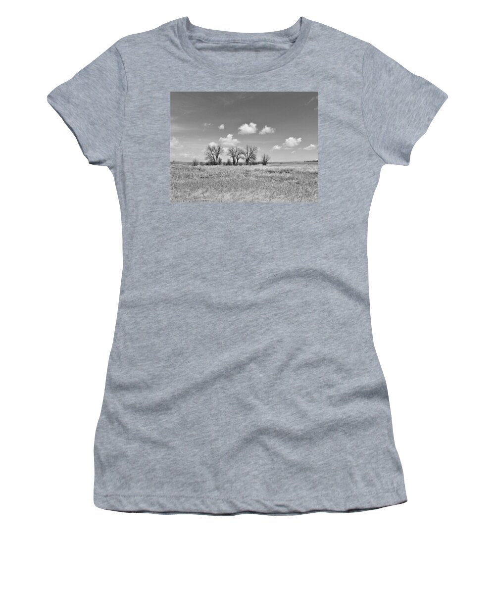 Trees Women's T-Shirt featuring the photograph Trees On The Prairie in Black and White by Amanda R Wright