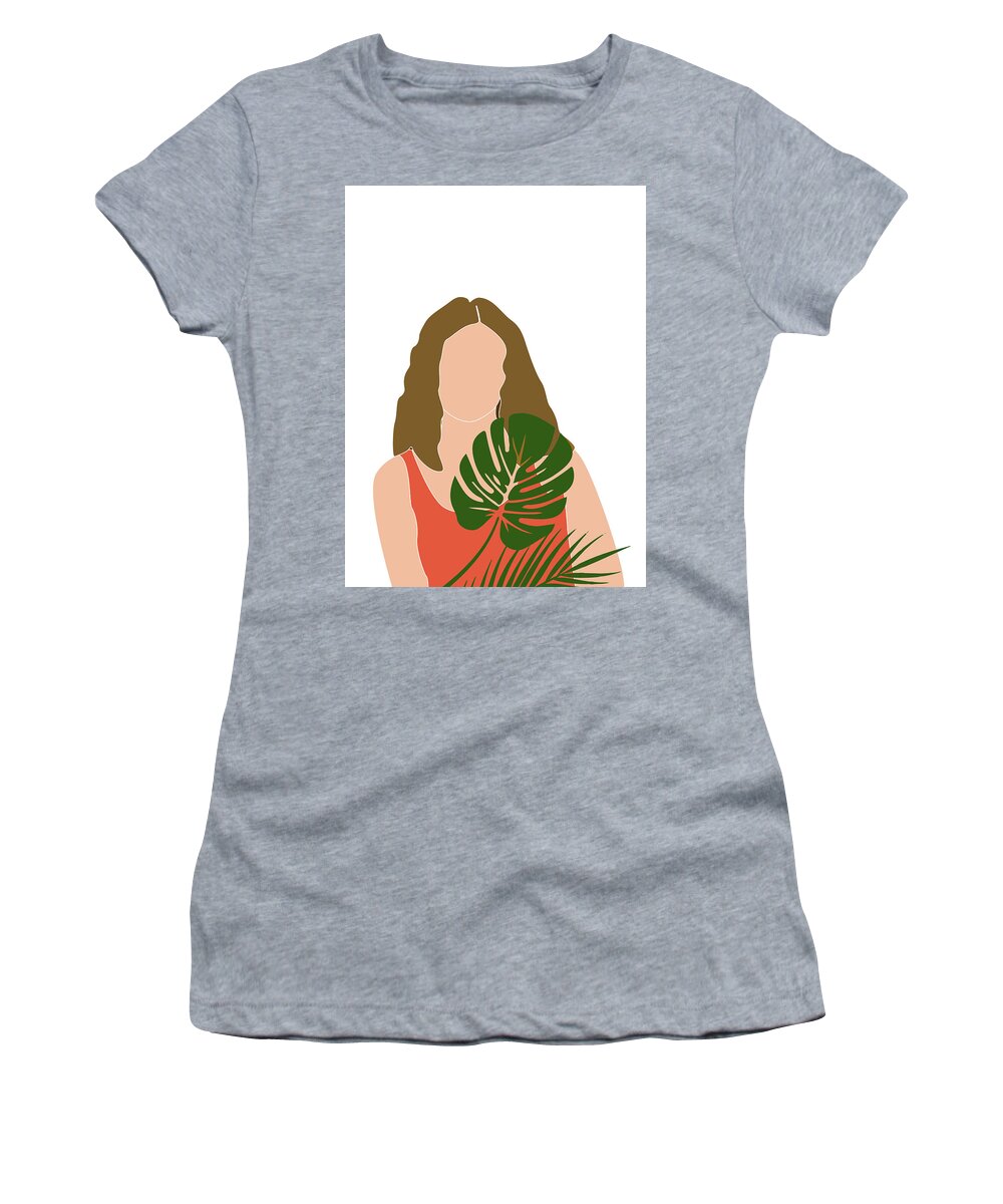 Tropical Women's T-Shirt featuring the mixed media Tropical Reverie 18 - Modern, Minimal Illustration - Girl and Palm Leaves - Aesthetic Tropical Vibes by Studio Grafiikka