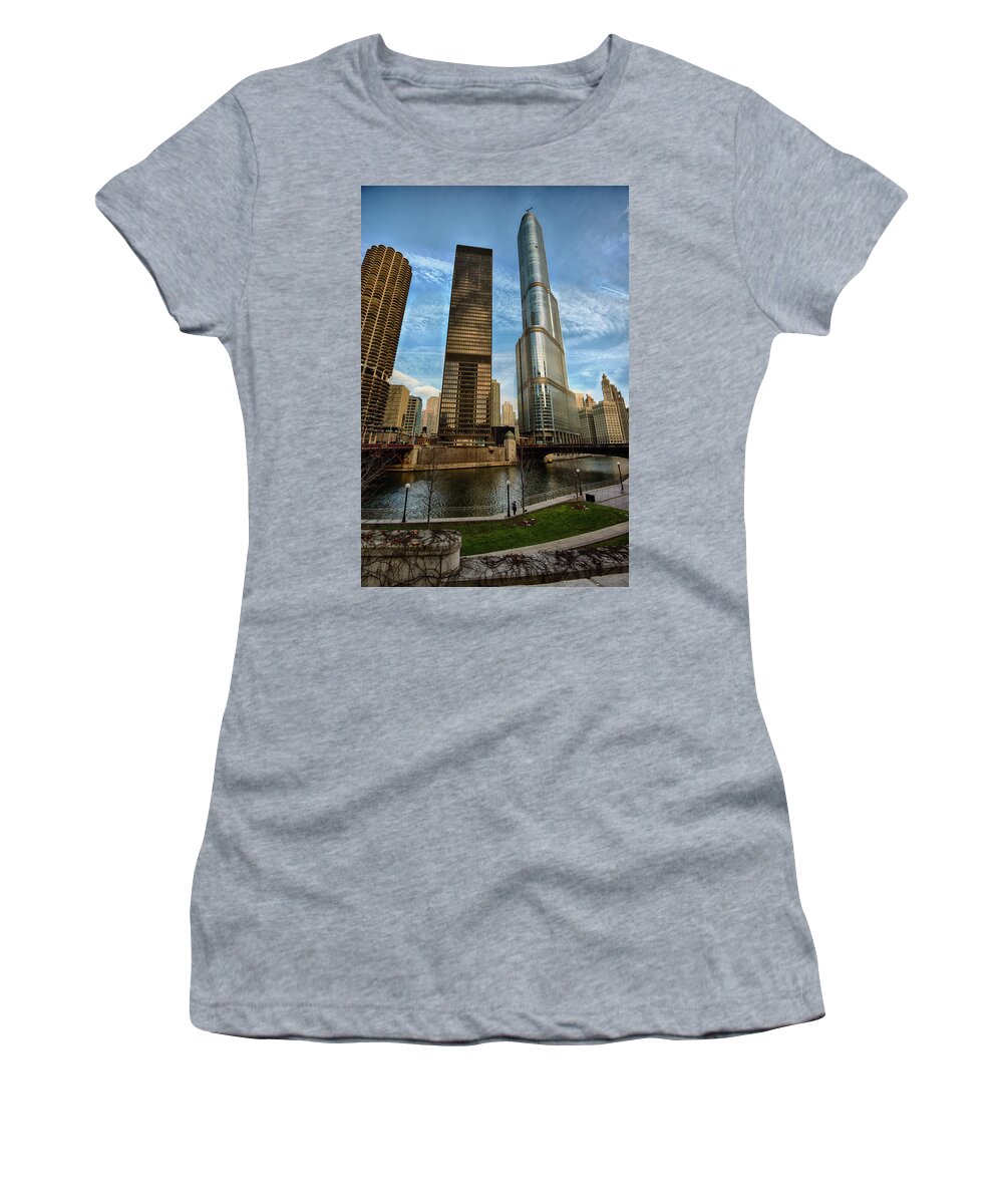 Clouds Women's T-Shirt featuring the photograph Trump Tower and River Front by Sebastian Musial