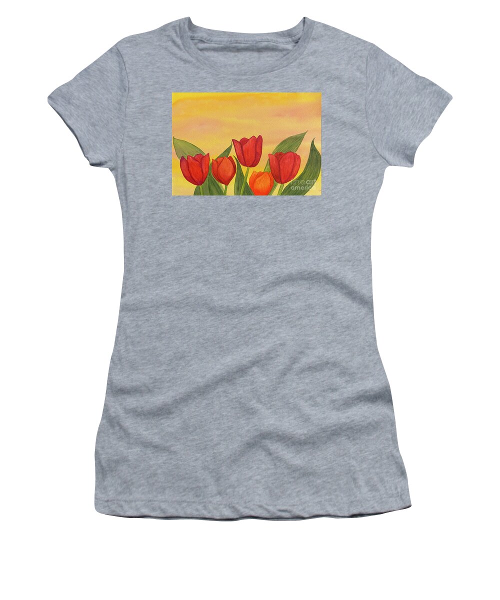 Tulips Women's T-Shirt featuring the painting Tulips at Sunset by Lisa Neuman