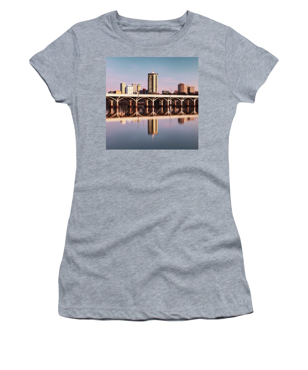 Tulsa City Skyline Women's T-Shirt featuring the photograph Tulsa City Skyline and Arkansas River Reflections 1x1 by Gregory Ballos