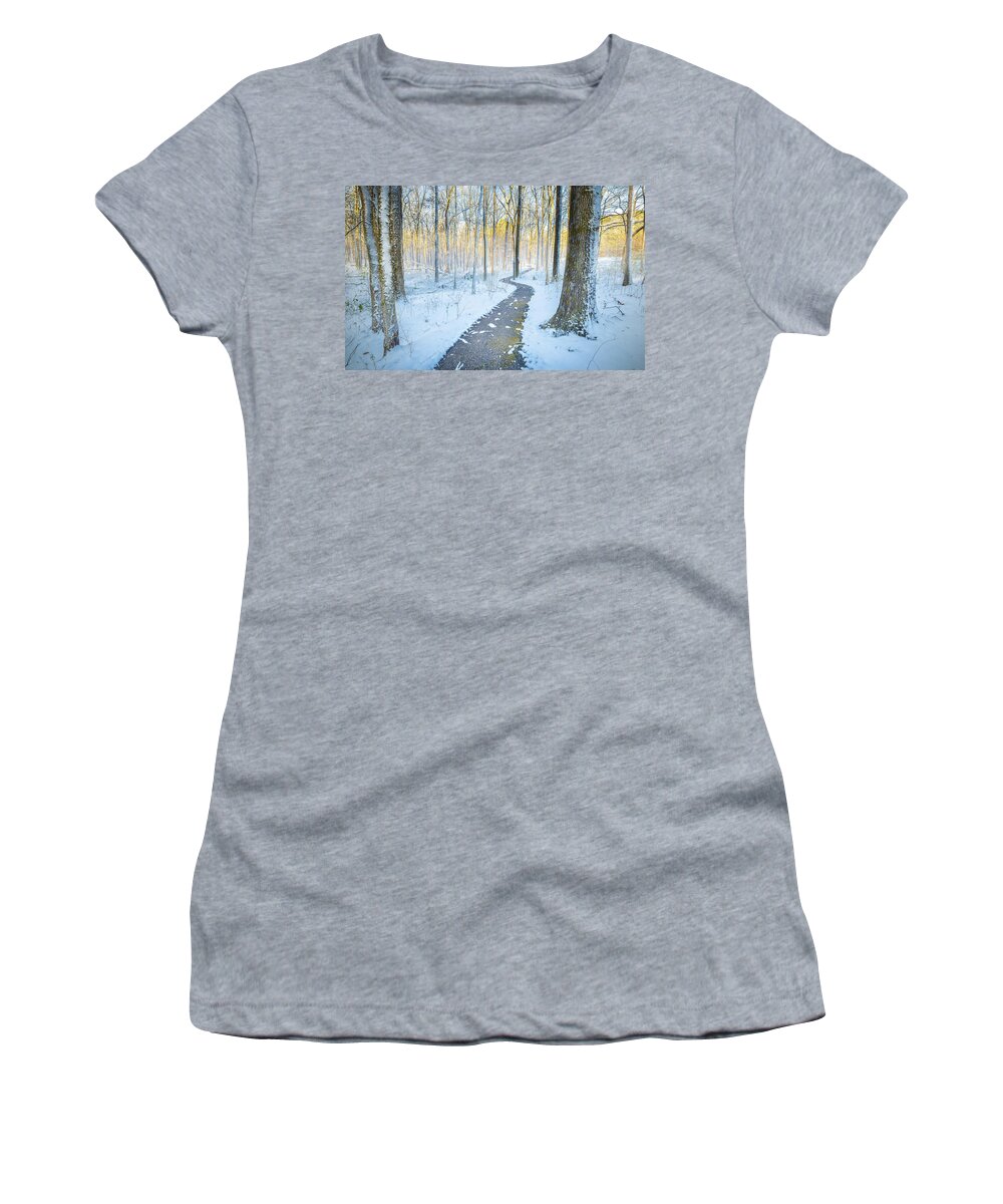 Snow Day Women's T-Shirt featuring the photograph Tupelo Mississippi Snow Natchez Trace Parkway Sunrise by Jordan Hill