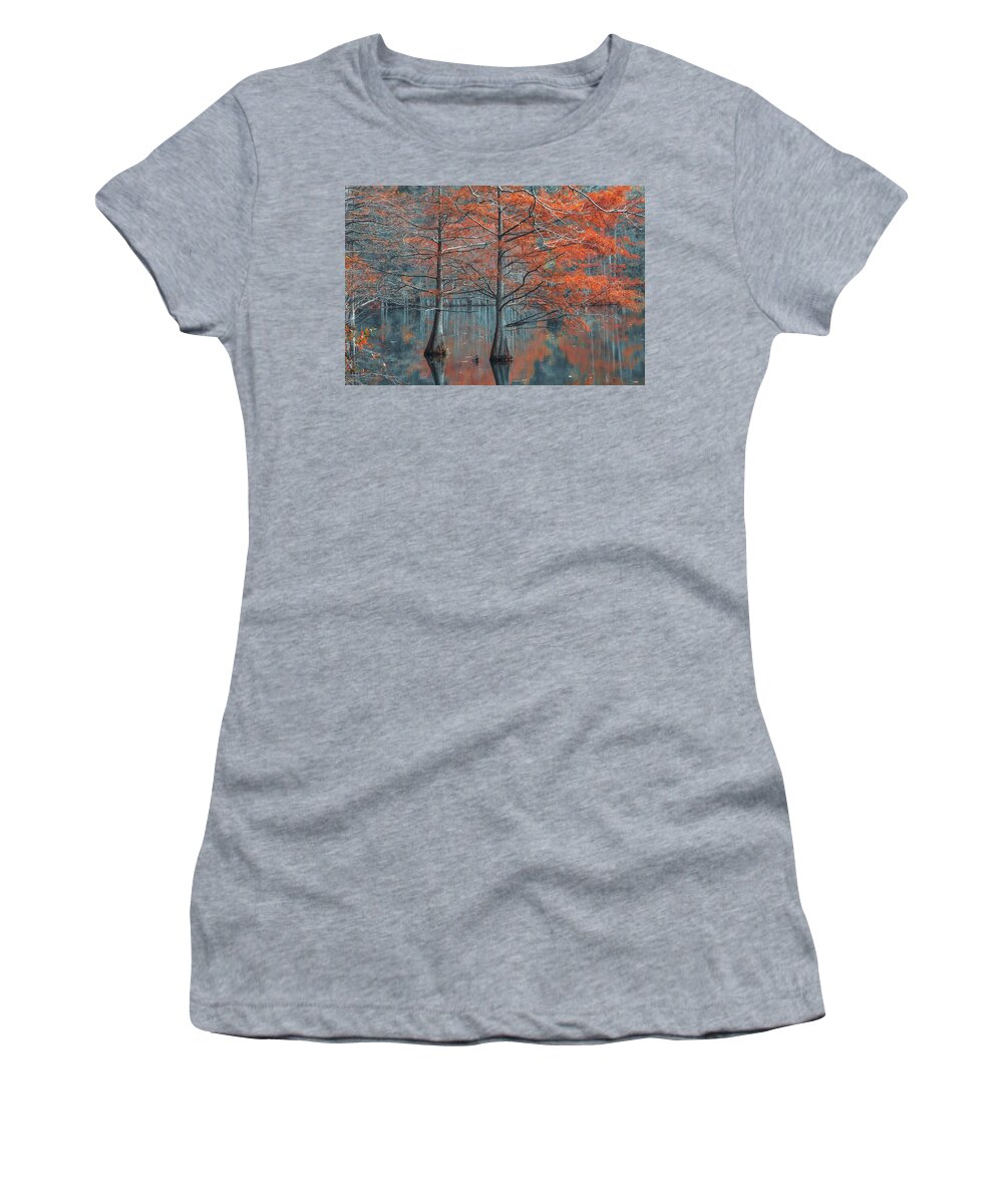 Landscape Women's T-Shirt featuring the photograph Twin Cypress by Iris Greenwell