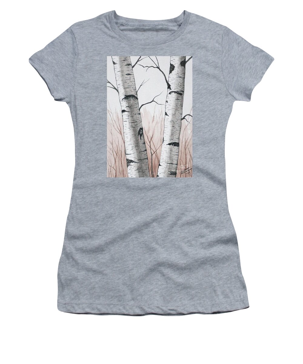 Birch Women's T-Shirt featuring the painting Two Birch Trees In A Field by Christopher Shellhammer