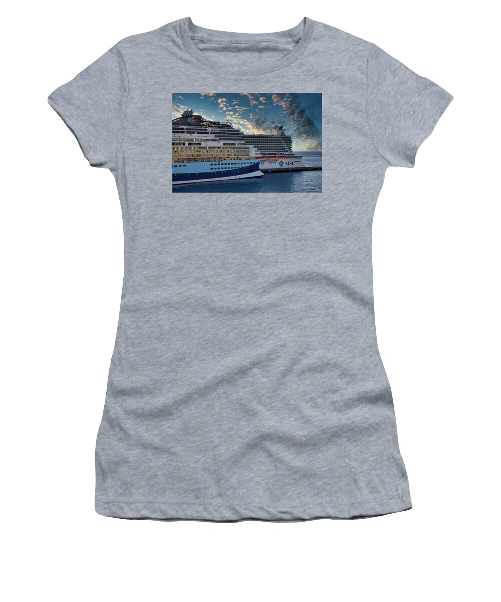 Bonaire Women's T-Shirt featuring the photograph Two Cruise Ships at Sunset by Darryl Brooks