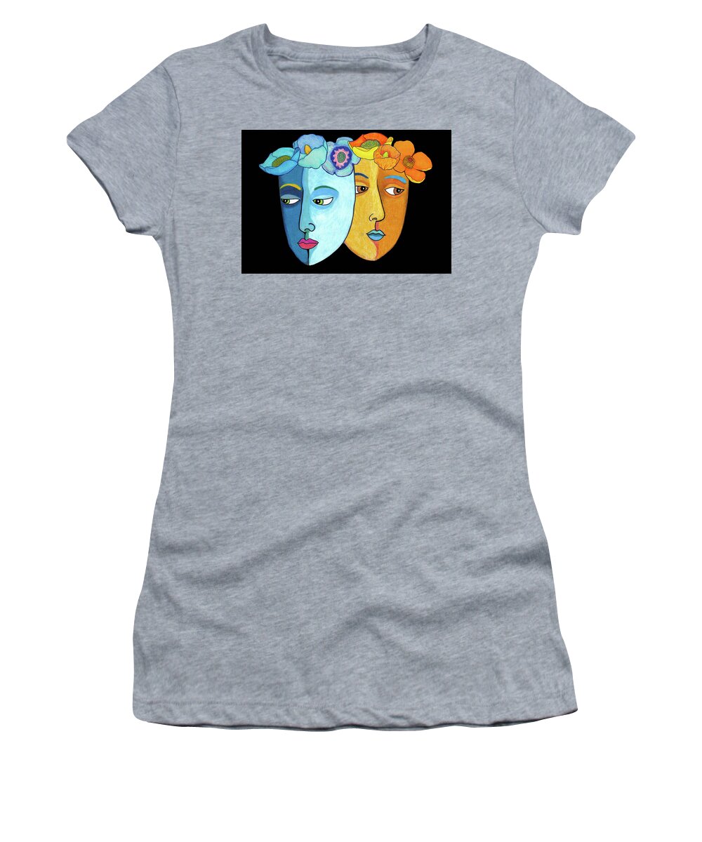 Masks Women's T-Shirt featuring the drawing Two Masks on Black by Lorena Cassady