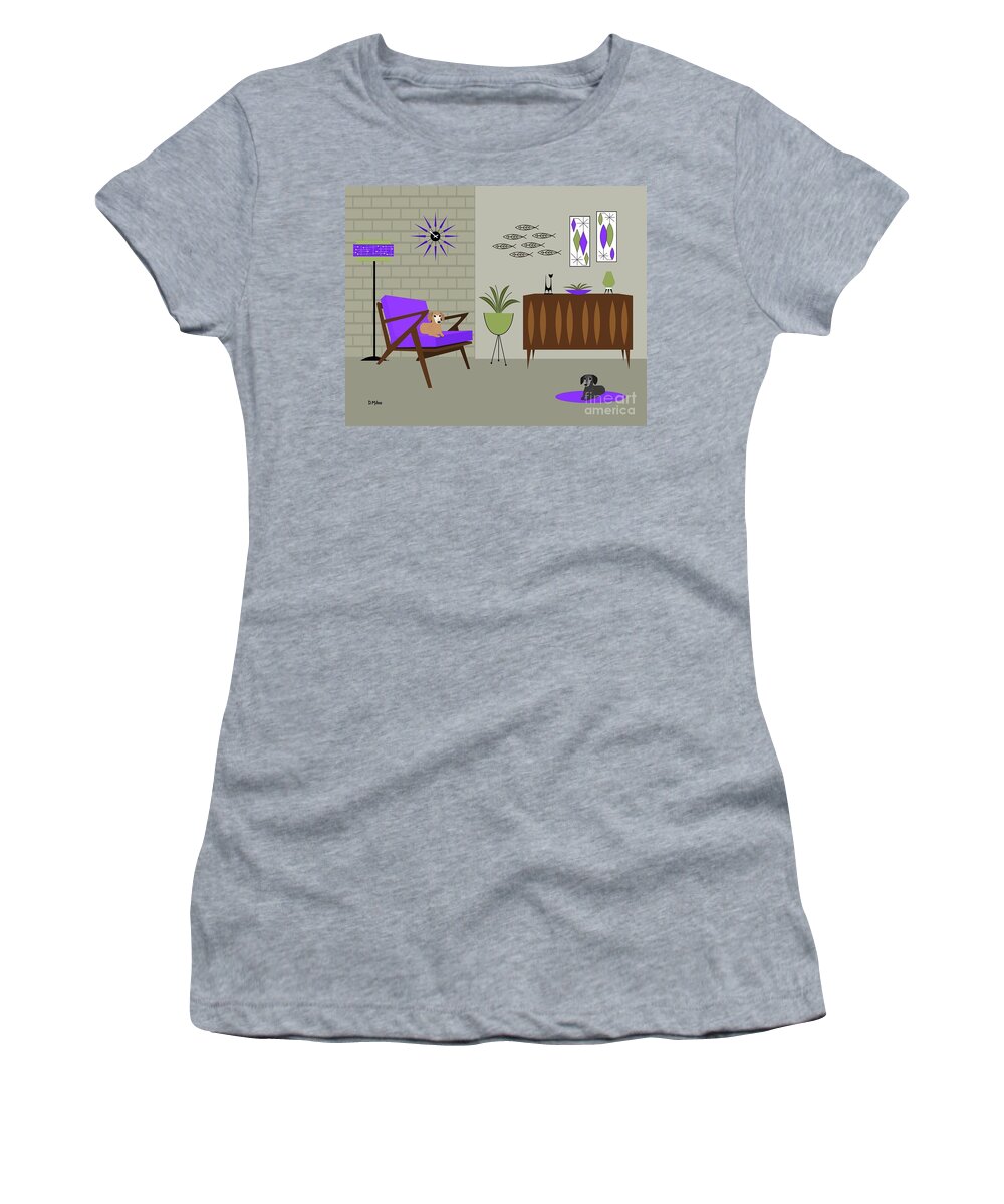 Mid Century Modern Dachshunds Women's T-Shirt featuring the digital art Two Mid Century Dachshunds in Purple Room by Donna Mibus